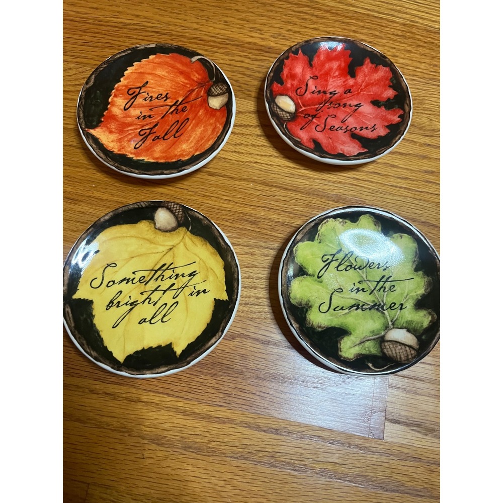Vtg Susan Winget Ceramic Coaster Set 4 Four Seasons Leaves Acorns Snack Plate